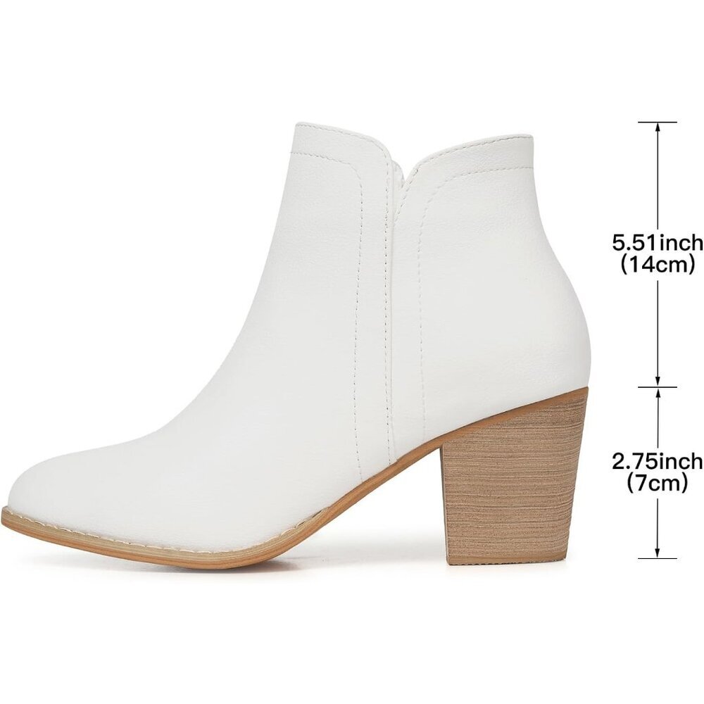 Women's White Pu Ankle Chunky Heeled Almond Toe Short Zipper Faux Suede Booties - Picture 5 of 6